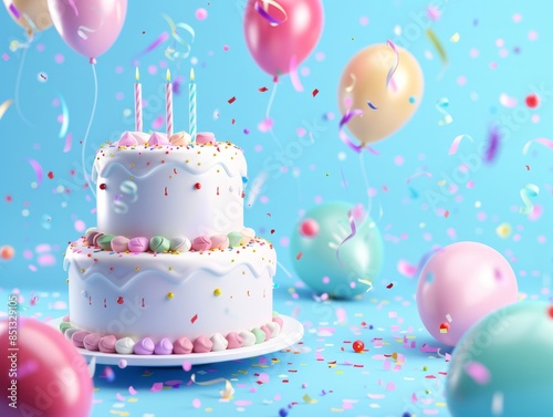 Beautiful happy birthday Background With Balloons cake Generative Ai