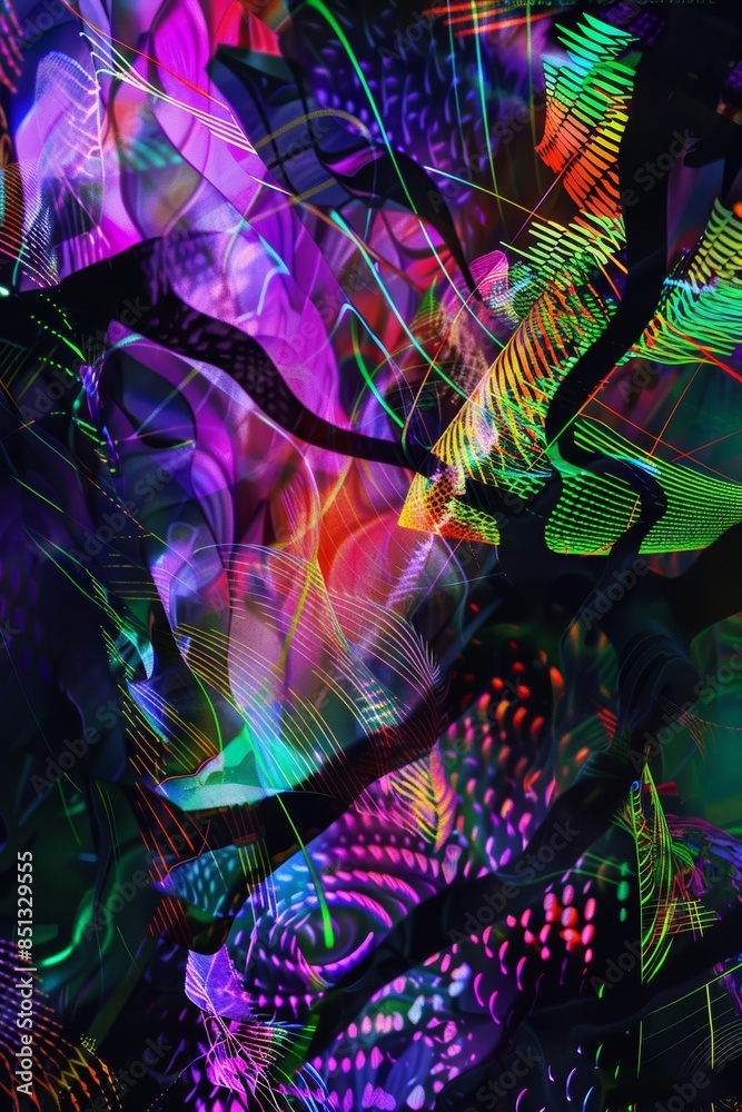 Obraz premium Vibrant neon-infused abstract art featuring dynamic technological patterns, perfect for modern digital backgrounds and futuristic concepts