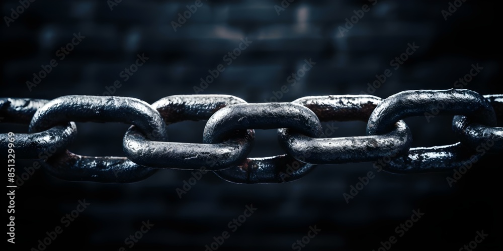 Dramatic closeup of metal chain link in strong lighting against dark background. Concept Metal Chain Link, Dramatic Lighting, Dark Background, Closeup Shot Dramatic closeup of metal chain link in strong lighting against dark background. Concept Metal Chain Link, Dramatic Lighting, Dark Background, Closeup Shot