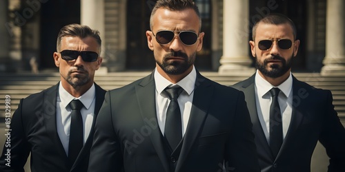 Three serious professional bodyguards in suits and sunglasses. Concept Security Personnel, Professional Attire, Serious Demeanor photo