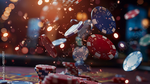 Dynamic image of poker chips flying through the air with a bokeh background, capturing the fast-paced energy of casino action.