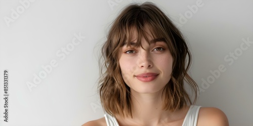 Woman with sideswept bangs on white background. Concept Woman, Sideswept Bangs, White Background, Minimalist Portrait photo