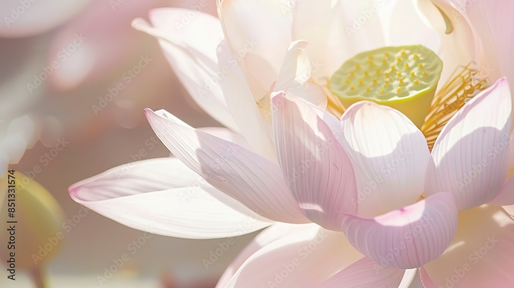 Lotus flower, macro shot, soft pink and white, gentle sunlight, high detail, serene water backdrop, Oriental elegance. Lotus flower, macro shot, soft pink and white, gentle sunlight, high detail, serene water backdrop, Oriental elegance.