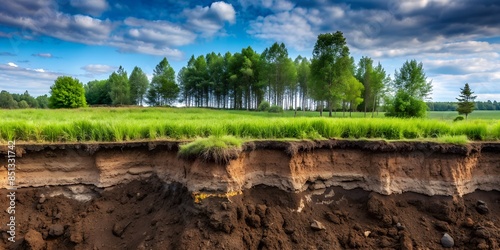 A cross-section of a humus-rich, dark-coloured type of soil shows an agronomically valuable soil texture, green grass above it. The concept of ideal farming, proper land use The key to future harvest photo