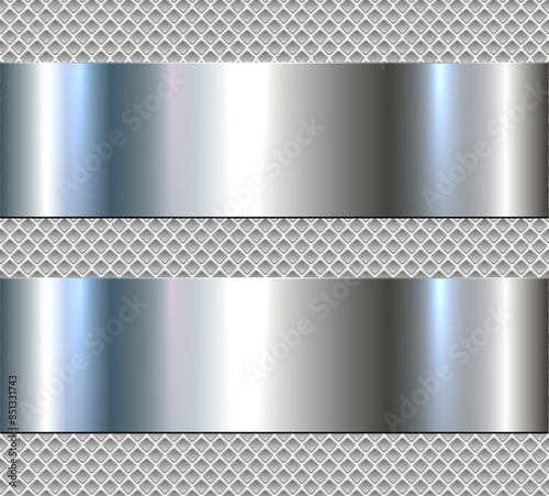 Silver chrome metal 3D background, lustrous and shiny metallic design with interesting holes pattern.