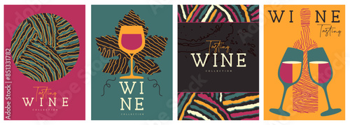 Set of modern magazine covers or posters with wine bottles and glasses. Restaurant abstract flat menu design. Wine tasting. Vector illustration