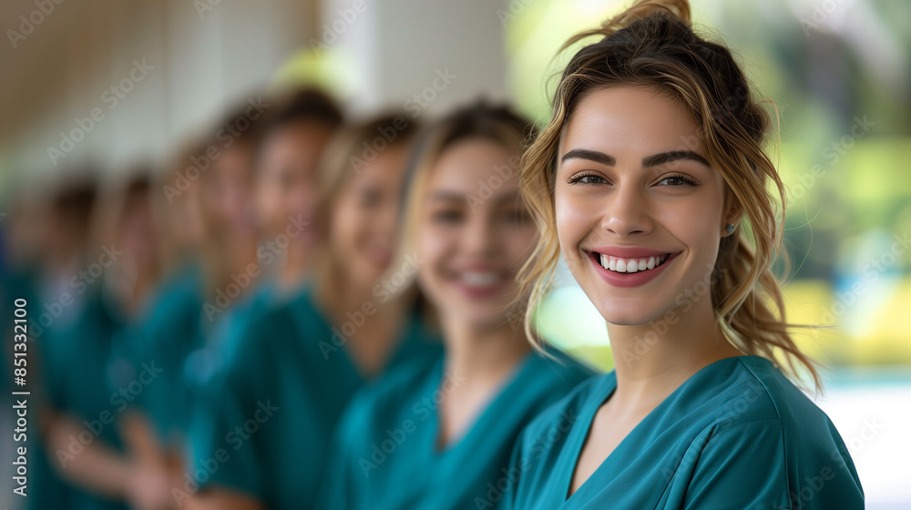 European smiling healthcare workers with scrub suits at a hospital European smiling healthcare workers with scrub suits at a hospital
