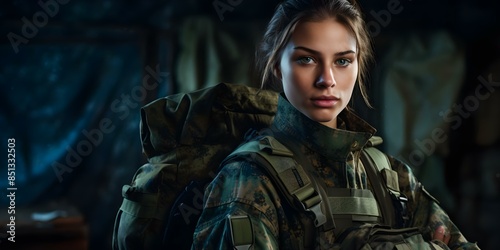 Caucasian female military cadet in camouflage uniform with bag and chevron. Concept Military, Caucasian Female, Camouflage Uniform, Bag, Chevron