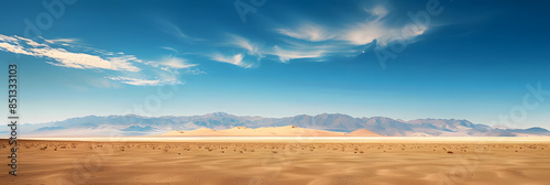 A stunning landscape of the Nevada desert with a wide expanse of golden sand and clear blue skies The photo provides ample space for copy or other content