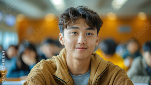 Confident Young Asian Man Smiling in a University Cafeteria Filled with Students