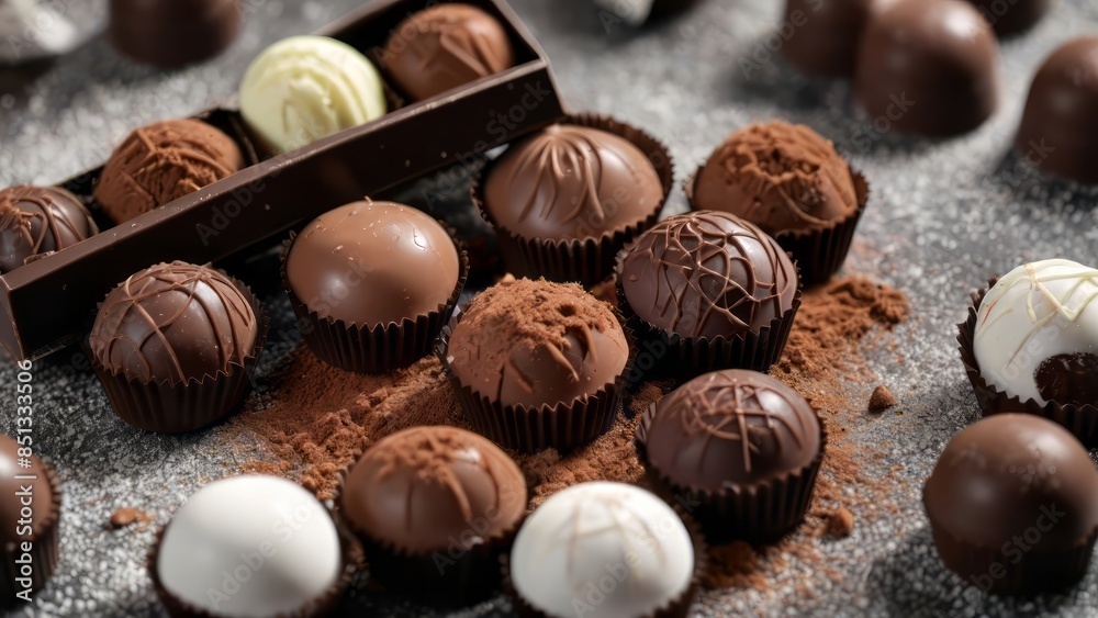 Assorted chocolate candies on a tabletop with sugar and cocoa powder. Assorted chocolate candies on a tabletop with sugar and cocoa powder.