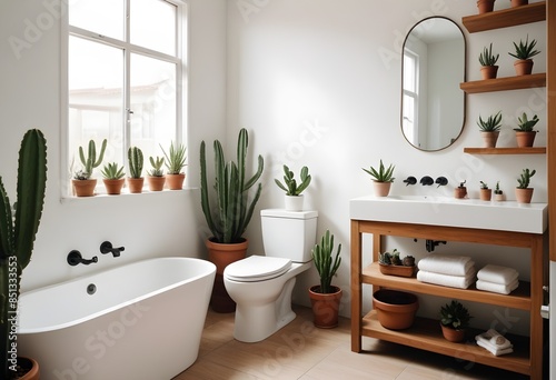 Modern bathroom interior with a white ceramic toilet, a white porcelain pedestal sink, and wooden shelves displaying assorted potted succulents and decorative items