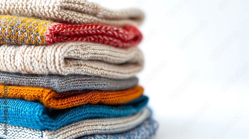 Pile of freshly laundered clothes stacked on a wooden surface, white background with empty copy space to the right, bright and airy lighting, minimalistic aesthetic Pile of freshly laundered clothes stacked on a wooden surface, white background with empty copy space to the right, bright and airy lighting, minimalistic aesthetic