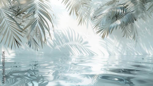 Dreamy White Background with Palm Leaves and Water Ripples, Light Blue Shadows, Transparent Layers, Atmospheric Installations, Light Gray and Sky Blue Colors, Blurred Edges, and High Resolution