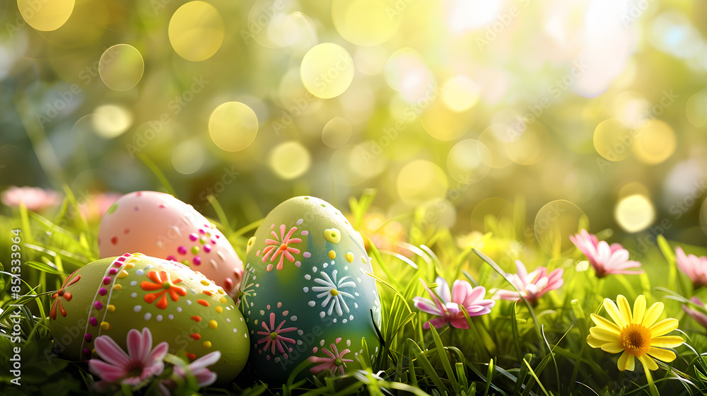 Beautiful colorful festive background with Easter elements and attributes. AI Generated Beautiful colorful festive background with Easter elements and attributes. AI Generated