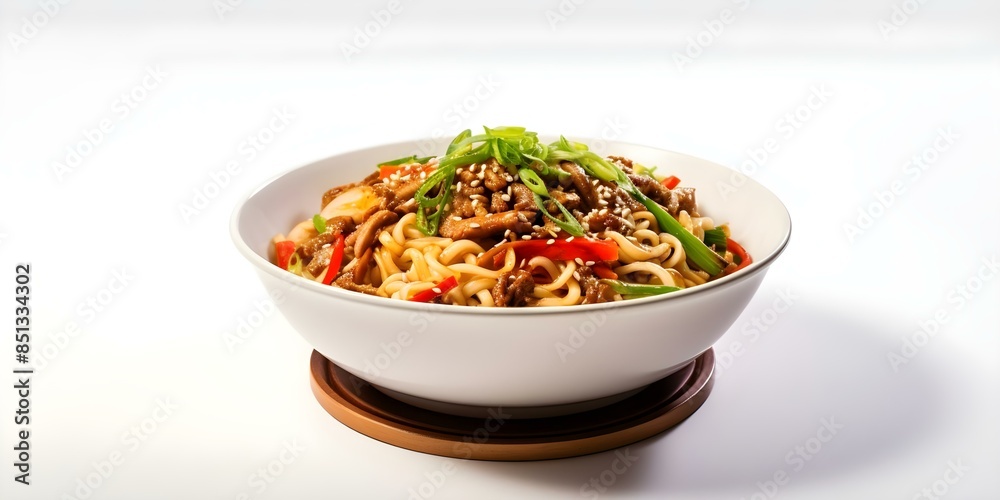 Yakisoba Noodles on White Background A Fusion of Asian Cuisine and Technology. Concept Food Photography, Culinary Art, Fusion Cuisine, White Background, Asian Influence Yakisoba Noodles on White Background A Fusion of Asian Cuisine and Technology. Concept Food Photography, Culinary Art, Fusion Cuisine, White Background, Asian Influence