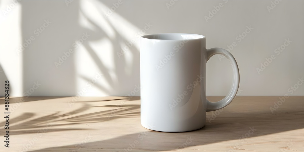 Fototapeta premium Realistic white blank mug mockup photo centered professional photo copy space selective focus. Concept Mockup, White Mug, Photo, Copy Space, Selective Focus