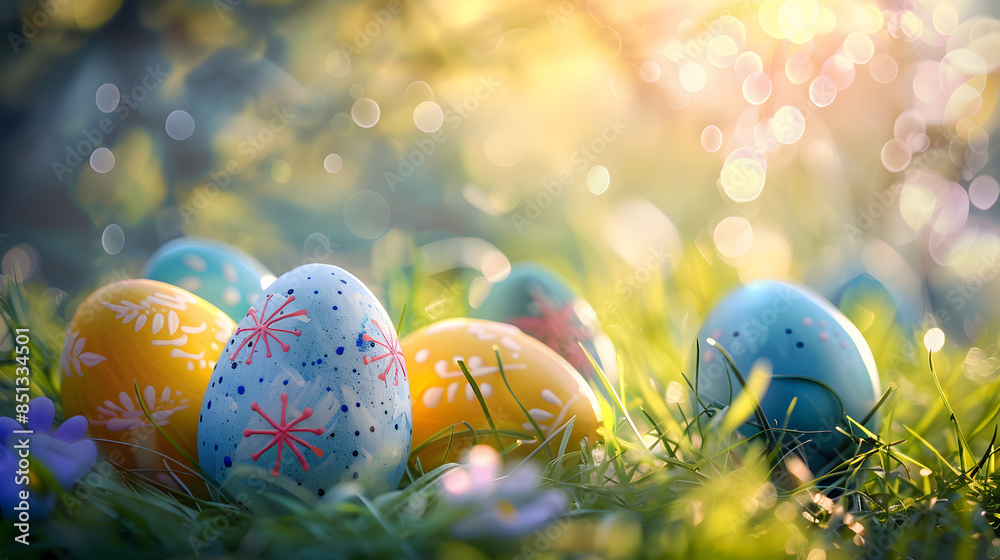 Beautiful colorful festive background with Easter elements and attributes. AI Generated Beautiful colorful festive background with Easter elements and attributes. AI Generated