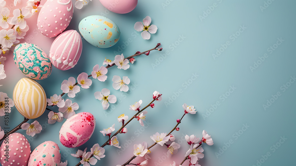 Beautiful colorful festive background with Easter elements and attributes. AI Generated Beautiful colorful festive background with Easter elements and attributes. AI Generated