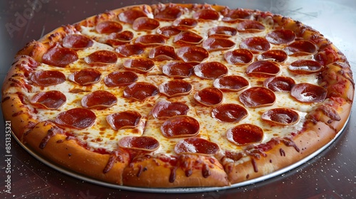 Large pepperoni pizza with a thick crust and extra cheese, emphasizing its rich and unhealthy appeal