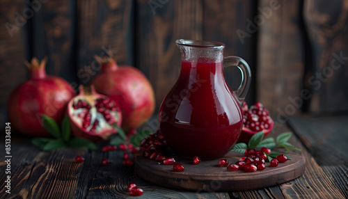 Jug with fresh pomegranate juice on background of open grenade on dark wooden background