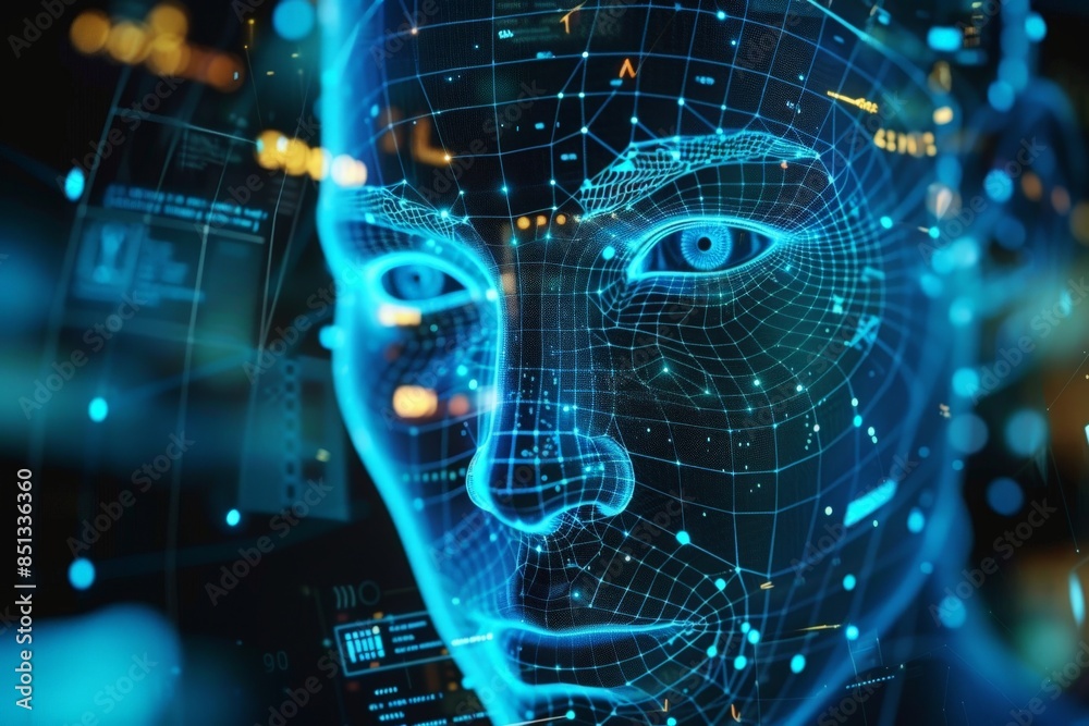 A futuristic, digital representation of a human face. The image is made up of lines and dots, creating a sense of technology and innovation.