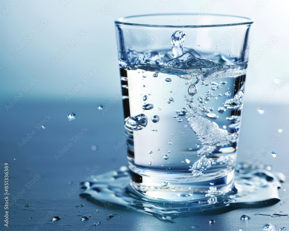 A glass of fresh, clear water with droplets splashing on a blue surface. A glass of fresh, clear water with droplets splashing on a blue surface.