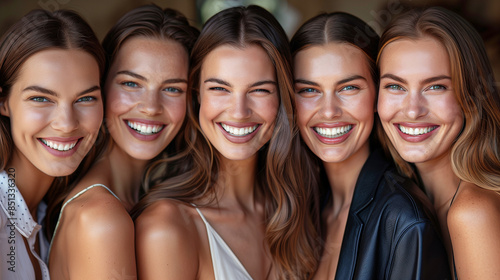A group of four women with long, flowing hair smile brightly at the camera in a close-up portrait