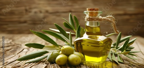 A glass bottle of olive oil with olives and olive branches on a rustic wooden surface.