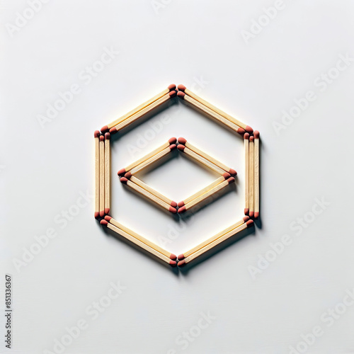 A geometric arrangement of matches creates a striking visual on a white background. Generative AI