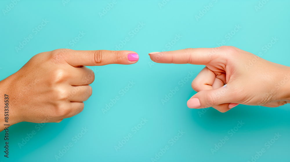 Two fingers, one with pink nail polish, point towards each other against a bright turquoise background Two fingers, one with pink nail polish, point towards each other against a bright turquoise background