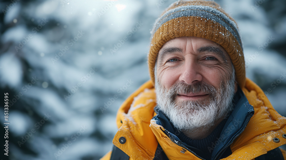 Portrait of a Seasoned Adventurer in Winter Gear Enjoying the Serene Beauty of a Snowy Landscape