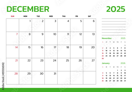 December 2025 Calendar. Week start on Sunday. Desk calendar 2025 design, simple and clean design, Wall calendar for print, digital calendar, Corporate design planner template vector.