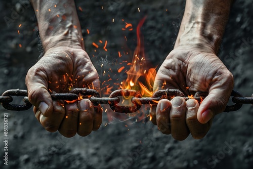 A chain line fire being broken by hands. Generative Ai