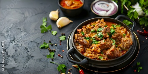 Delicious haleem dish slowcooked meat stew with creamy texture fried onions ginger. Concept Haleem Recipe, Slow Cooking, Meat Stew, Creamy Texture, Fried Onions, Ginger Flavor