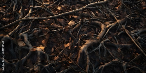 Chaotic forest floor with twisted roots and branches intertwined in a mess. Concept Forest Floor, Twisted Roots, Chaotic Nature, Intertwined Branches, Messy Landscape
