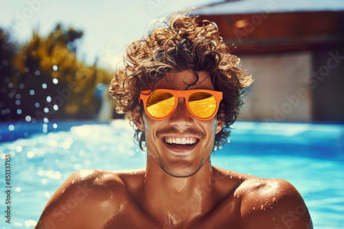 Portrait of handsome young man in swimming pool wearing orange sunglasses. Generative Ai