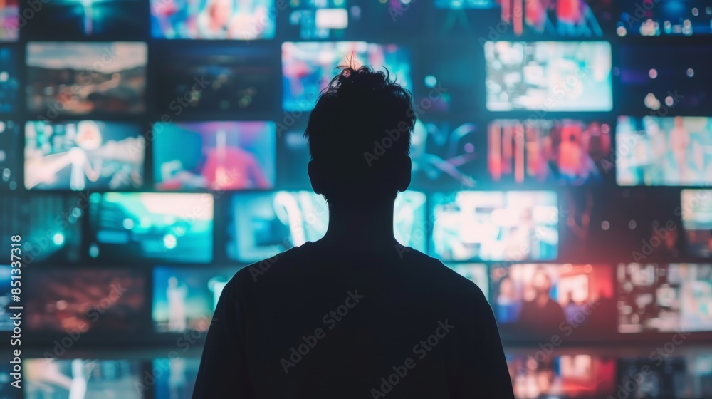 A silhouette of a person standing in front of a wall of glowing screens displaying various images. The image suggests the concept of media overload and information consumption. A silhouette of a person standing in front of a wall of glowing screens displaying various images. The image suggests the concept of media overload and information consumption.