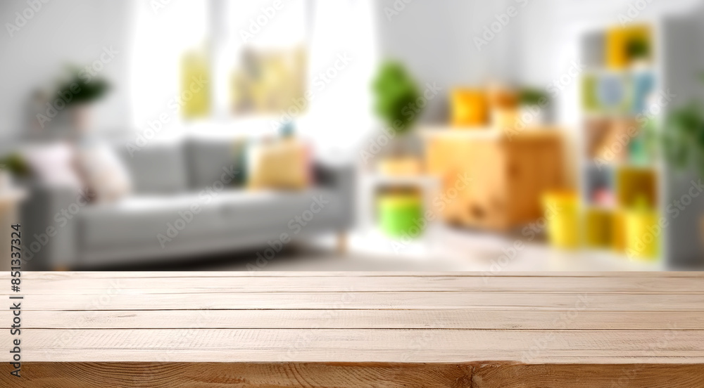 Empty desk for product display on defocused children room background Empty desk for product display on defocused children room background