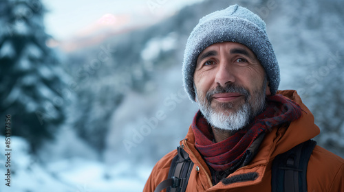 Portrait of a Seasoned Adventurer in Winter Gear Enjoying the Serene Beauty of a Snowy Landscape