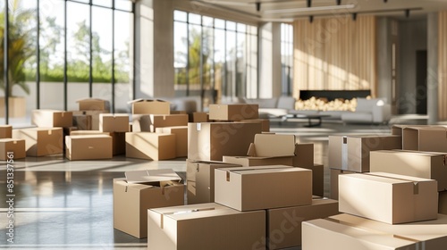 Spacious modern room filled with scattered cardboard boxes, large windows letting in natural light. Concept of moving or unpacking.