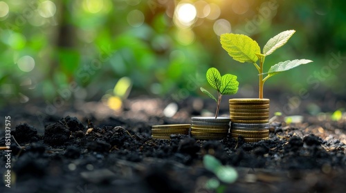 Wallpaper Mural A young plant sprouts from a stack of coins in fertile soil. The plant represents growth and financial success in a natural setting. Torontodigital.ca