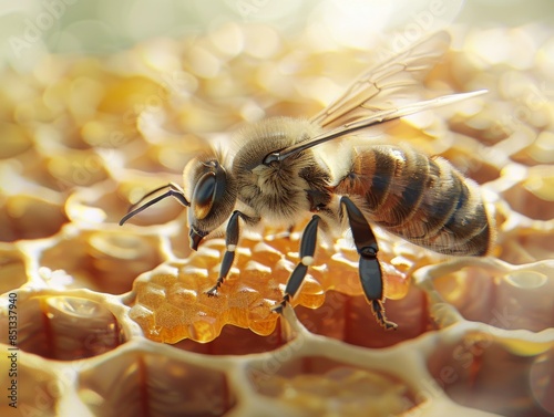 Hyperrealistic natural look closeup shot of an individual bee on the surface of honeycomb, with detailed focus on its wings and body, surrounded by richly textured partially orange and sienna