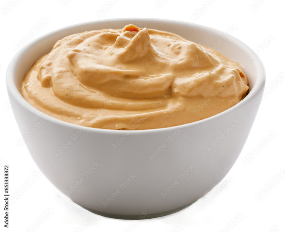Isolated on a white background, this white bowl features a chipotle aioli created with mayonnaise, chipotle peppers in adobo sauce, garlic, and lime juice. The side and top views are transparent and t Isolated on a white background, this white bowl features a chipotle aioli created with mayonnaise, chipotle peppers in adobo sauce, garlic, and lime juice. The side and top views are transparent and t