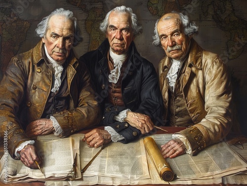 Enlightened Founders: Portrayal of Intelligence and Determination in a Historic Oil Painting photo