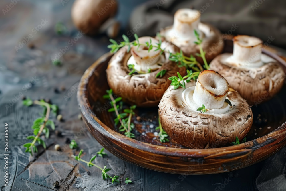 delicious mushrooms with thyme on rustic plate. a health food concept delicious mushrooms with thyme on rustic plate. a health food concept