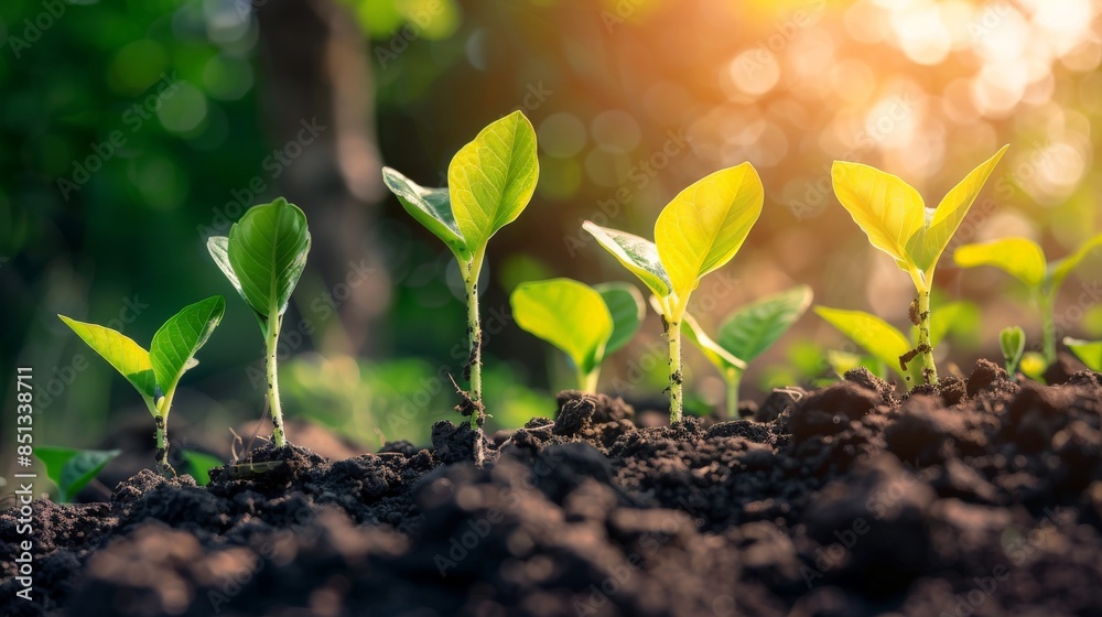 Closeup of green seedlings emerging from rich soil, bathed in warm sunlight. A symbol of growth, renewal, and new beginnings. Closeup of green seedlings emerging from rich soil, bathed in warm sunlight. A symbol of growth, renewal, and new beginnings.
