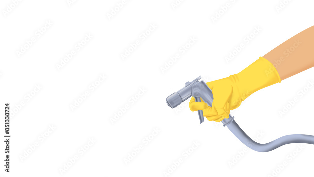 hand wearing yellow safety gloves holding jet spray hand wearing yellow safety gloves holding jet spray