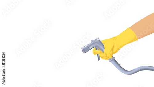 hand wearing yellow safety gloves holding jet spray