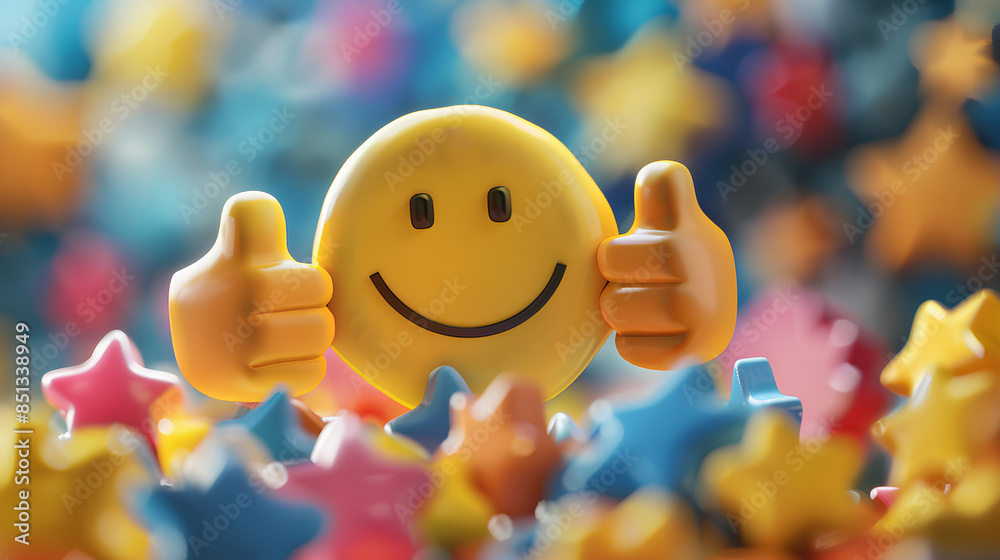 Obraz premium Smiley face surrounded by positive symbols, thumbs-up gestures, stars, and happy emoticons Feedback rating and customer satisfaction, positive experiences and reviews